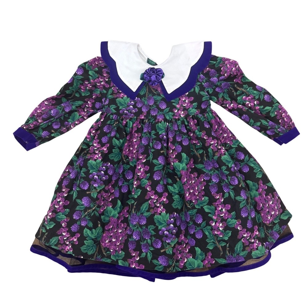 Bonnie Jean Vintage Girls 3T Purple Berry‎ grape Floral Velvet Trim Dress